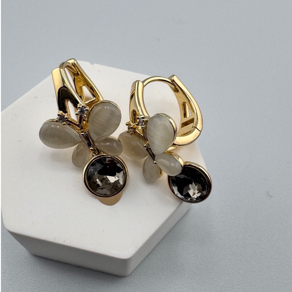 14K Gold Plated Butterfly Cat's Eye Stone Smoky Crystal Lever Back Drop Earrings